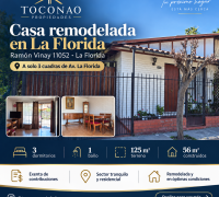 Casa ubicada enhttps://g calle Ramón Vinay 11052, comuna de La Florida, emplazada en un sector residencial, tranquilo y consolidado, a solo 3 cuadras de Avenida La Florida, con excelente conectividad y cercanía a servicios, comercio y locomoción.  La propiedad cuenta con un terreno de 125 m² y aproximadamente 56 m² construidos. Su d