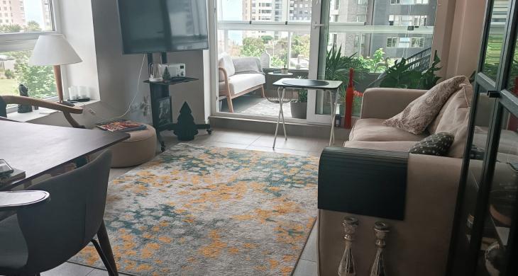 Living del departamento con iluminación natural, mostrando un espacio amplio y conectado visualmente con la terraza.