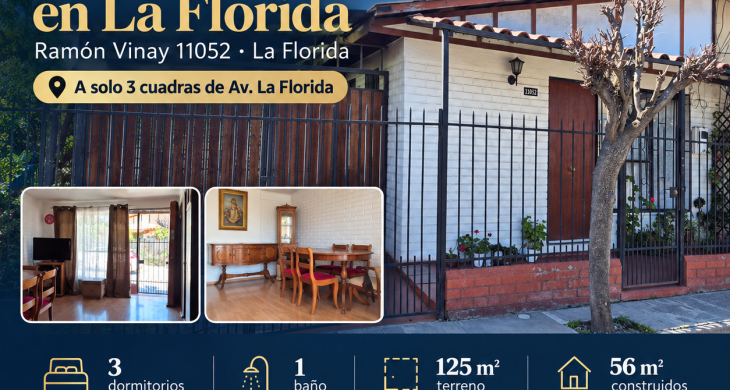 Casa ubicada enhttps://g calle Ramón Vinay 11052, comuna de La Florida, emplazada en un sector residencial, tranquilo y consolidado, a solo 3 cuadras de Avenida La Florida, con excelente conectividad y cercanía a servicios, comercio y locomoción.  La propiedad cuenta con un terreno de 125 m² y aproximadamente 56 m² construidos. Su d