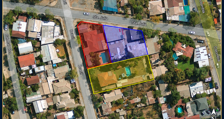 enta conjunta de tres inmuebles urbanos en Santa Julia y calle Brasil, La Florida, con 2.600 m² aproximados. Una oportunidad para evaluar su fusión predial y un desarrollo habitacional de hasta 5 pisos, sujeto a verificación normativa y aprobación municipal.